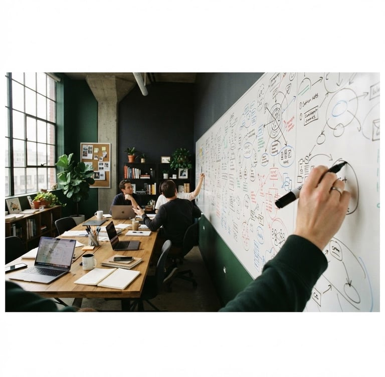 Wide panoramic view of a creative workspace, a large whiteboard filled with strategic diagrams and notes, soft natural window light, a hand holding a marker visible in the foreground, deep charcoal and forest green accents, 35mm