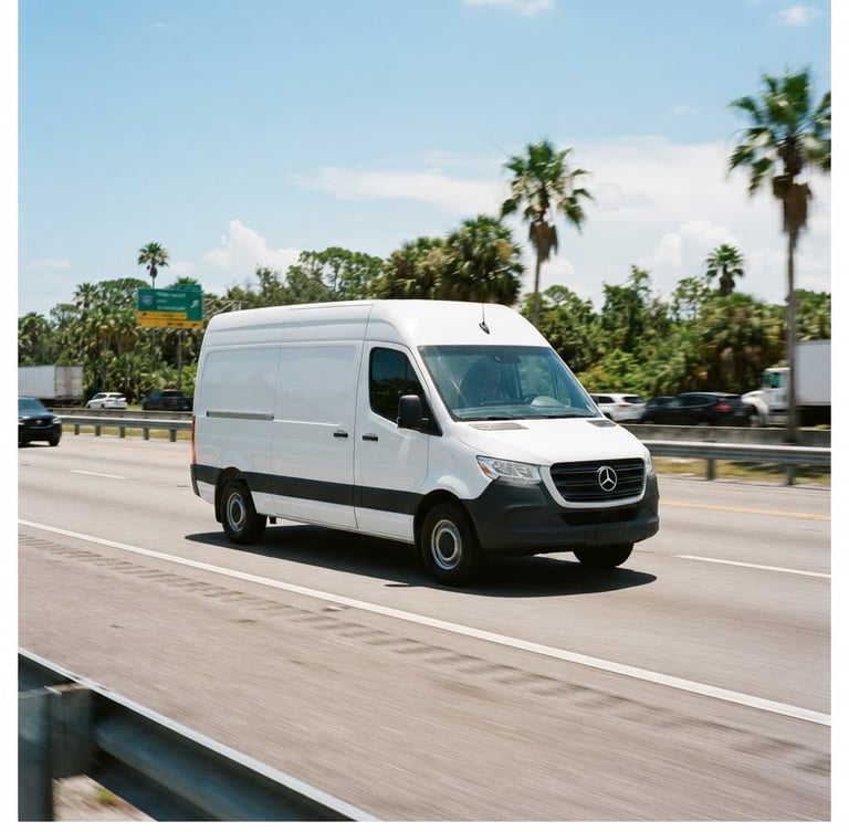 A sharp commercial 35mm photograph of a clean, modern white transport sprinter van driving along a bright Florida highway, high-contrast sun-drenched lighting, professional editorial style.