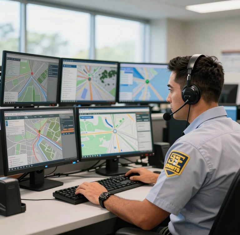 Medium shot of a professional dispatcher in a clean, brightly lit Altamonte Springs office, monitoring real-time GPS tracking interfaces on clean screens, bright natural daylight, sharp commercial photography, 35mm.
