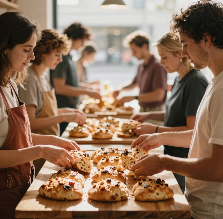 A warm environmental shot of a community table inside the bakery, neighbors sharing focaccia and talking, soft golden hour lighting, 35mm film look.