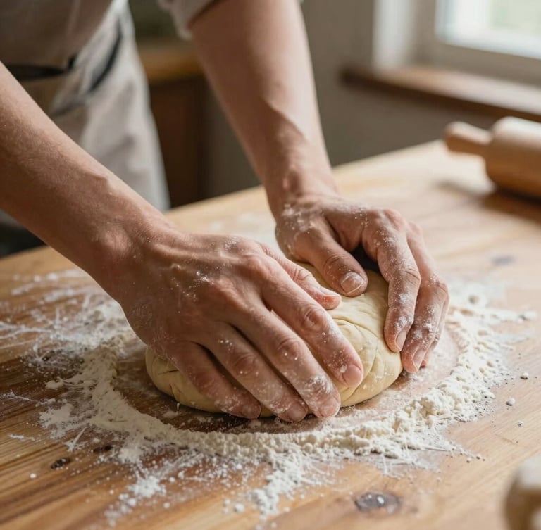 Hands covered in flour gently kneading soft dough on a rustic wooden worktable, warm morning light streaming through a window, shallow depth of field, tactile editorial look.