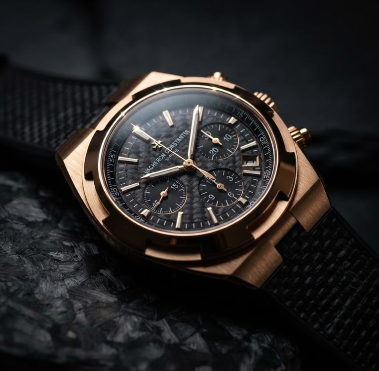 Close-up macro shot of a luxury men's watch, intricate gold bezel glinting with sharp, reflective highlights, emerging from deep shadows, on a textured carbon fiber surface, moody studio lighting.