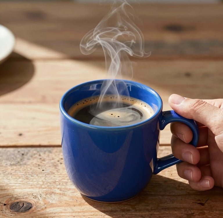 Warm editorial photography, a hand holding a vibrant cobalt blue ceramic mug filled with steaming coffee, bright morning sunlight casting long soft shadows on a rustic wooden table, shallow depth of field, 35mm