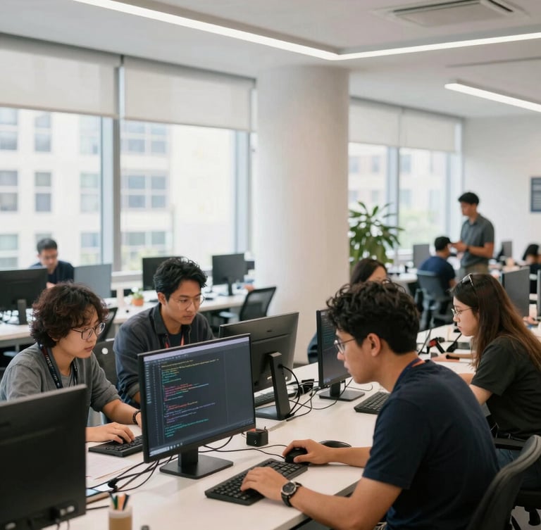 Wide environmental shot of developers collaborating over code in a sunlit New York civic lab, 35mm lens, natural bright daylight.