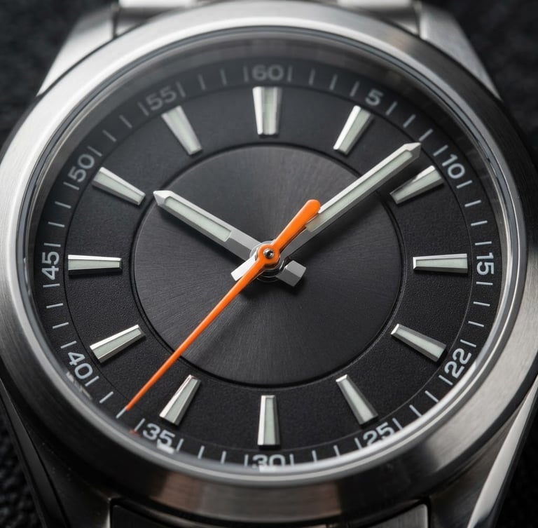 Extreme macro close-up of a watch dial with orange second hand, sharp studio reflections on metallic steel bezel, dark charcoal background, 85mm lens