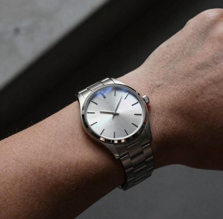 Macro wrist shot of a minimalist steel watch on a collector's wrist, architectural concrete background, moody high-contrast lighting with sharp metallic reflections