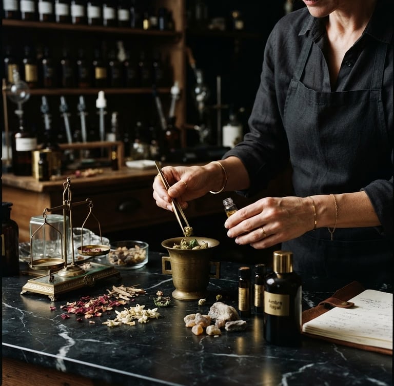 Perfumería de alta gama enfocada, seleccionando botánicos raros en una mesa de mármol negro bajo una luz lateral dramática, composición off-center, manos elegantes.