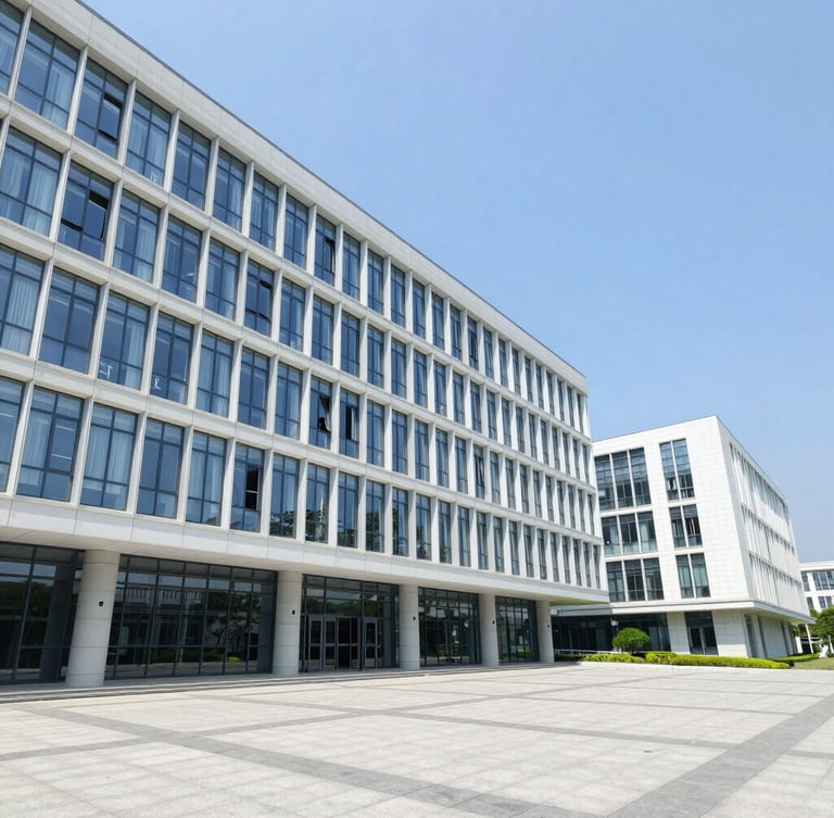 Bright architectural photography of a modern university campus building with glass facade, natural daylight, blue sky, wide angle