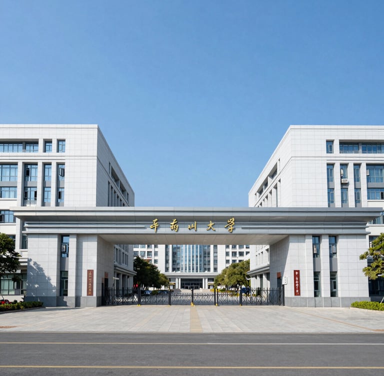 A bright, wide landscape photograph of the iconic Foshan University campus entrance, showcasing modern academic architecture under clear blue skies with clean daylight.