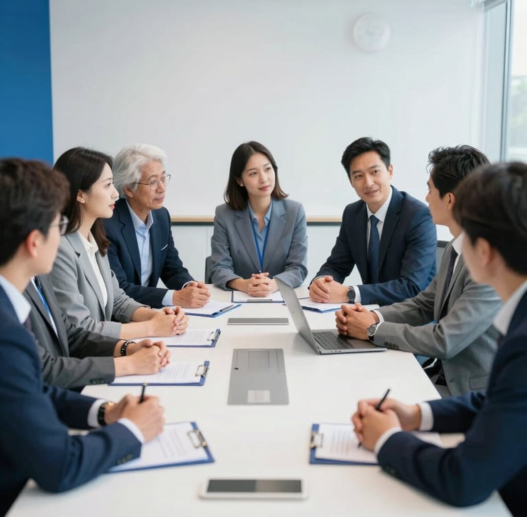 A professional medium-wide shot of diverse alumni engaged in a collaborative discussion around a table in a bright, modern conference room with blue accents.