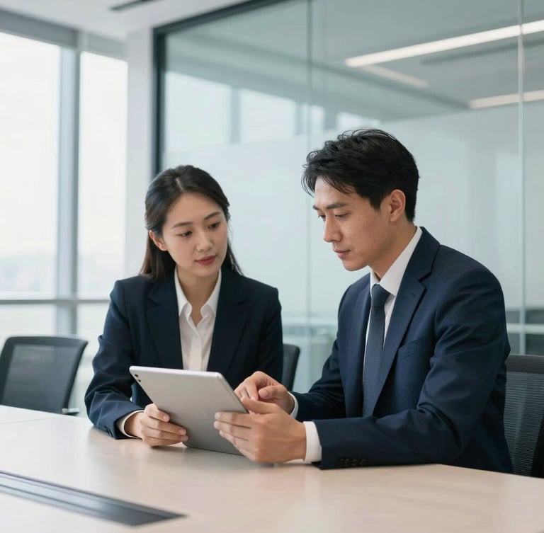 Medium-wide shot of two professionals collaborating over a tablet in a bright, modern glass-walled conference room, natural daylight, professional depth of field.