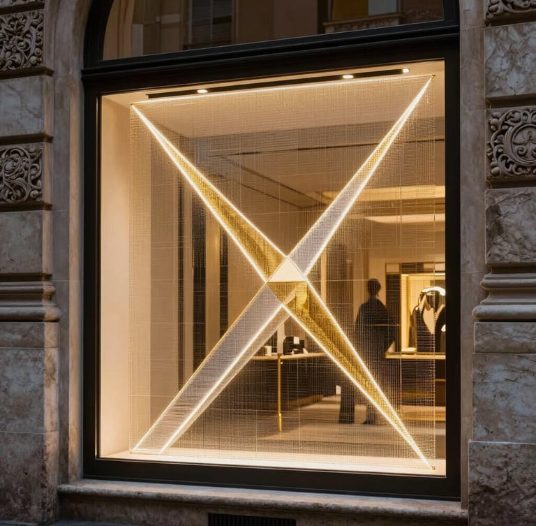 Twilight street view of a luxury Roman boutique on Via Condotti, a transparent micro-mesh LED film active on the glass window displaying sharp abstract golden geometry, stone architecture framing, high-contrast.