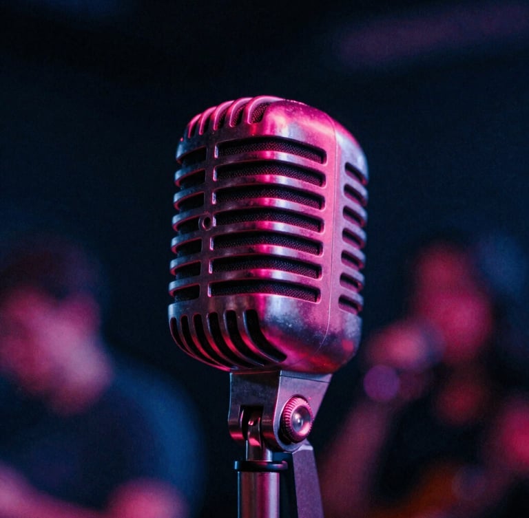 Moody close-up of a vintage microphone under dramatic magenta rim lighting, deep shadows, 35mm film grain, abstract concert aesthetic.