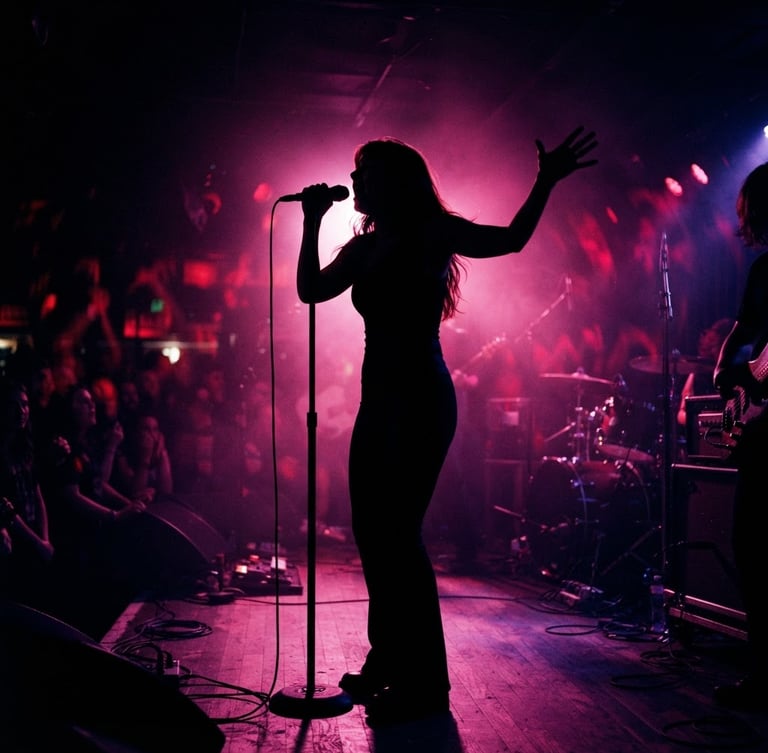 High-contrast silhouette of a female vocalist singing under dramatic magenta stage lighting, deep shadows, 35mm film style.