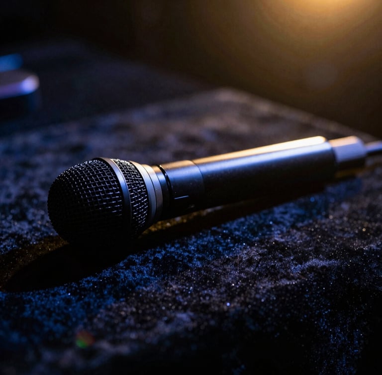 Close-up of a sleek black microphone resting on a velvet surface, dramatic golden-hour light leak, high contrast.