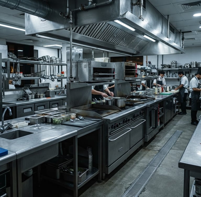 Sharp industrial photography of a heavy-duty stainless steel commercial kitchen line in Doha, cool metallic lighting, high contrast, 50mm