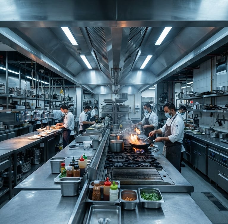Sharp industrial photography of a massive commercial kitchen line, cool metallic lighting on brushed stainless steel tables and exhaust hoods, Doha restaurant installation, 50mm