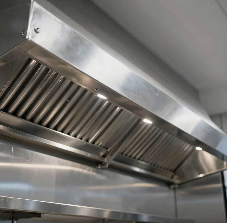 Wide angle shot of a newly installed commercial kitchen exhaust hood system in a Doha restaurant, clean stainless steel surfaces reflecting cool-toned overhead lights, 50mm.