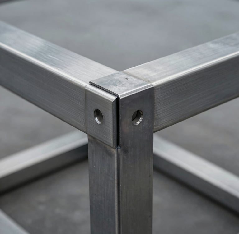 Close-up of clean TIG welds on a heavy-gauge stainless steel table frame, cool-toned industrial light, brushed textures, sharp architectural angle