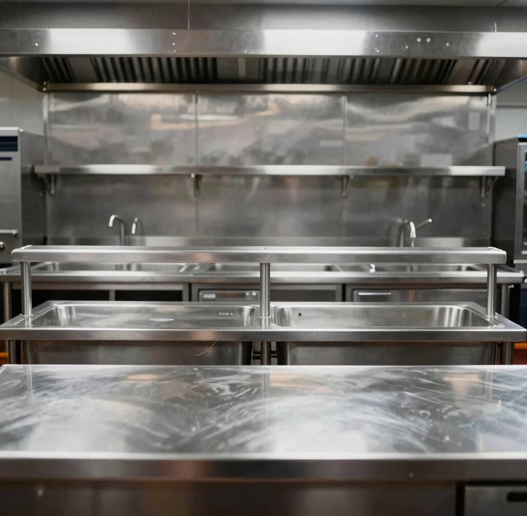 Straight-on architectural elevation of a commercial kitchen prep line, heavy-gauge stainless steel tables, integrated sink units, cool-toned industrial lighting, high contrast