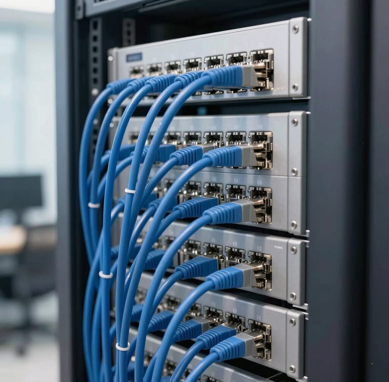 Close-up of a perfectly organized server rack with blue and gray Ethernet cables, clean cable management, bright natural office lighting, 35mm photography
