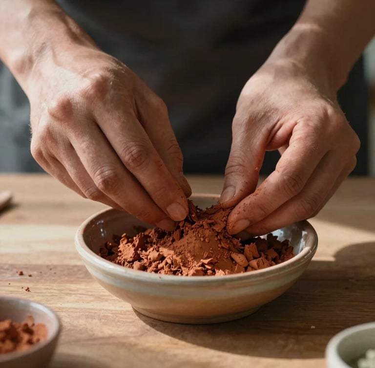 Macro shot of hands mixing natural terracotta pigments in a small ceramic dish, soft morning light casting long gentle shadows across a wooden table.