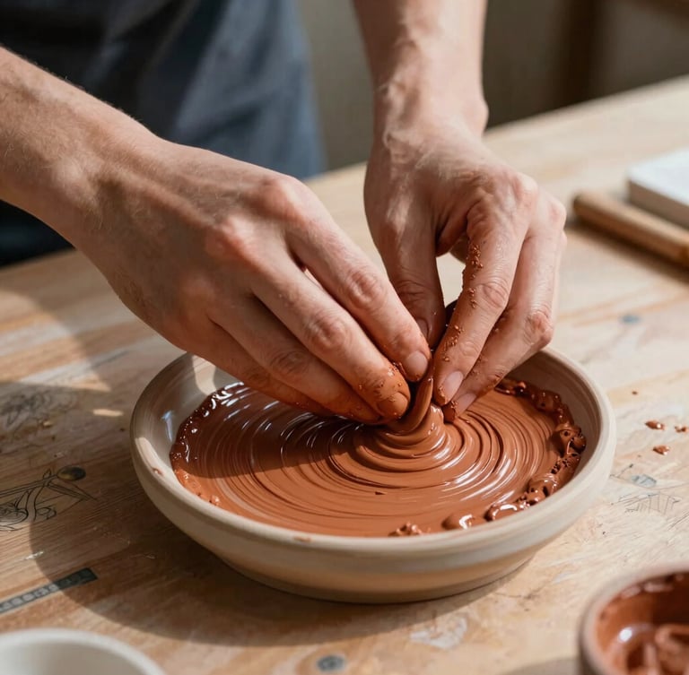 Close-up of hands mixing terracotta paint in a ceramic dish, soft morning light casting gentle shadows across a wooden workbench with sketches.