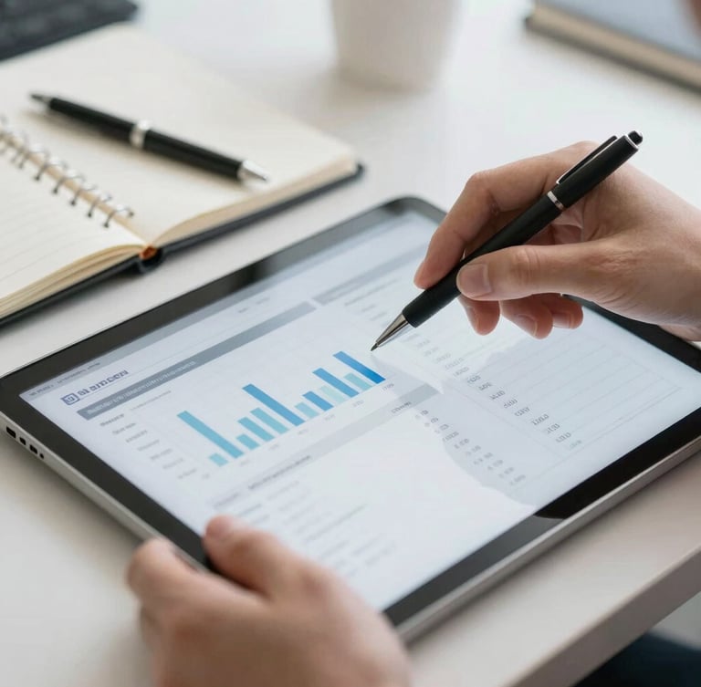 Close-up of hands analyzing a clean financial report on a tablet, with a pen and notebook nearby, crisp corporate daylight, sharp focus, architectural depth of field.