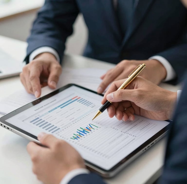 Close-up of hands analyzing a complex financial report on a tablet, crisp corporate daylight, gold pen resting on the report, architectural depth of field.