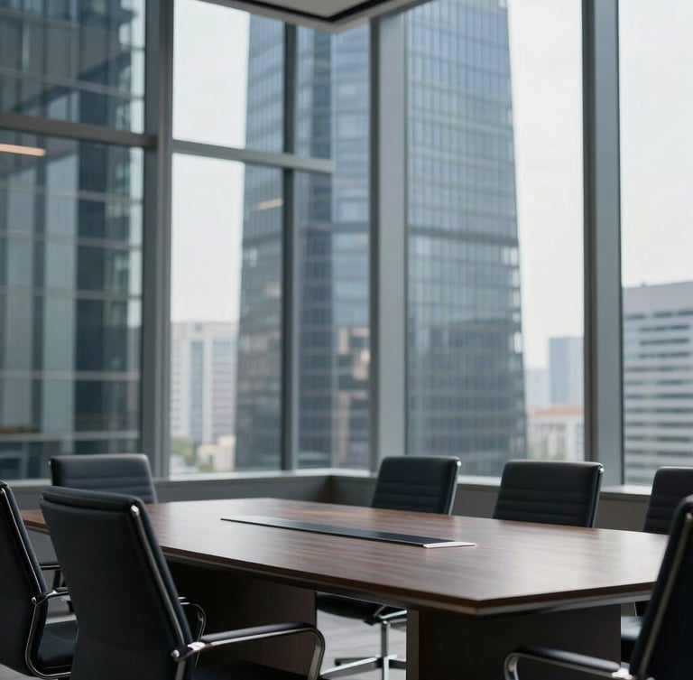 Wide shot of a modern, high-rise corporate boardroom with a large conference table, crisp corporate photography, bright natural office light, deep navy and charcoal tones, sharp focus, architectural depth of field.