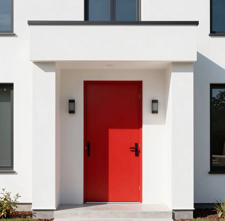 Sharp, eye-level modern home exterior in bright daylight, high contrast crimson door accent, clean architectural lines, minimal clutter.