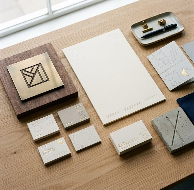 Clean flat-lay of brand collateral including business cards, letterhead, and a physical signage mockup, all in natural daylight, architectural framing, sharp focus, 35mm.