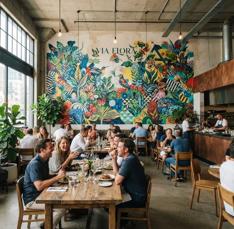 Wide-angle environmental shot of a vibrant, large-scale commercial mural in a modern restaurant interior, natural daylight, architectural framing, sharp focus, 35mm, customers enjoying the space.