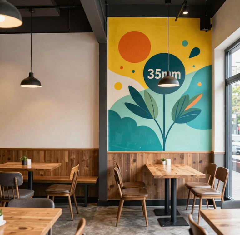 Before-and-after composite image of a cafe interior: one side shows a generic, unbranded space, the other side shows the same space with a newly installed custom mural and cohesive branding elements, natural daylight, architectural framing, sharp focus, 35mm.