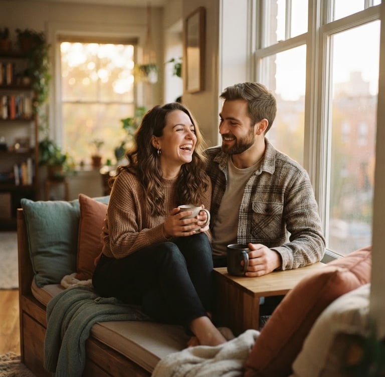 A couple sitting on a bright window bench at golden hour, sharing a quiet laugh over coffee, warm diffused light, shallow depth of field, 35mm film aesthetic