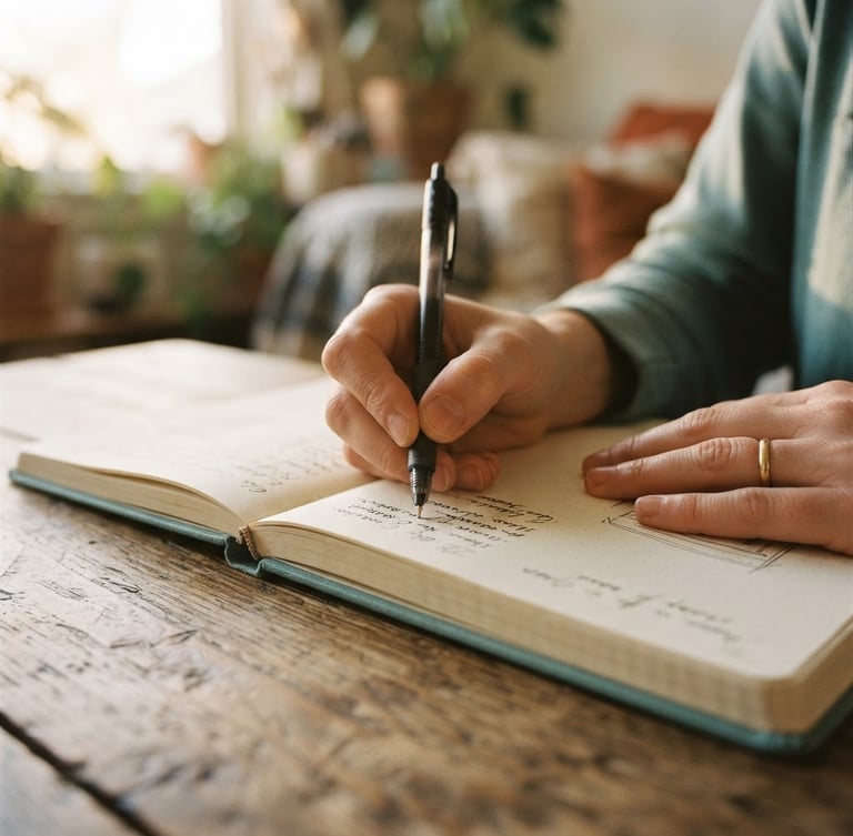 Intimate close-up of hands writing in a structured journal on a wooden table, warm golden hour window light casting soft shadows, shallow depth of field, 35mm film aesthetic, calm muted teal tones.