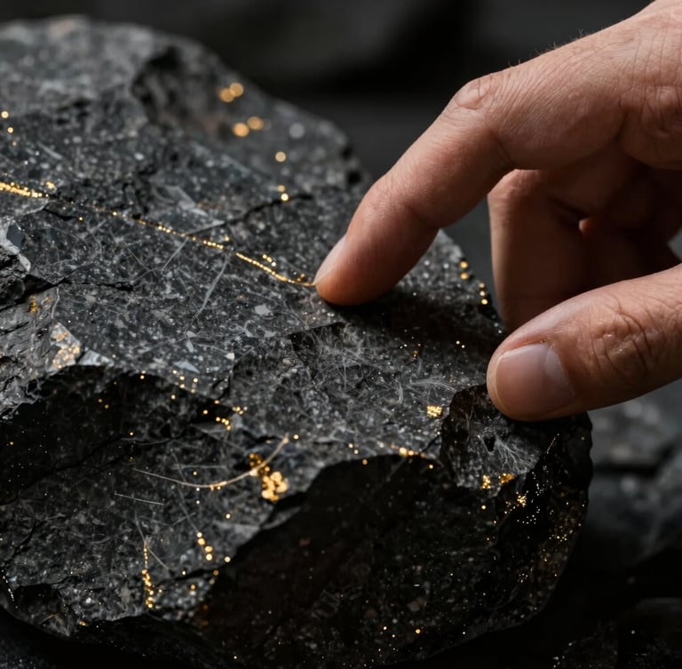 Macro detail of a hand interacting with a raw, dark basalt stone texture. High-contrast chiaroscuro lighting, deep shadows, gold highlights.