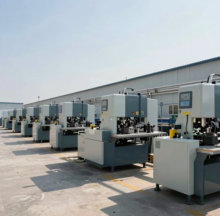 Wide-angle environmental photograph of an active Indian manufacturing facility, modern machinery in bright daylight, generous negative space, high-contrast shadows.