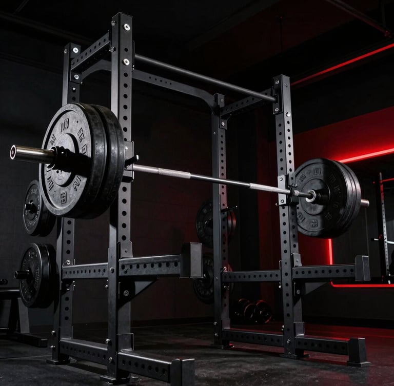 Low-angle heroic shot of a clean, dark-aesthetic power rack under dramatic side lighting, knurled steel barbell loaded with heavy black plates, subtle red neon glow in the background, 35mm lens.
