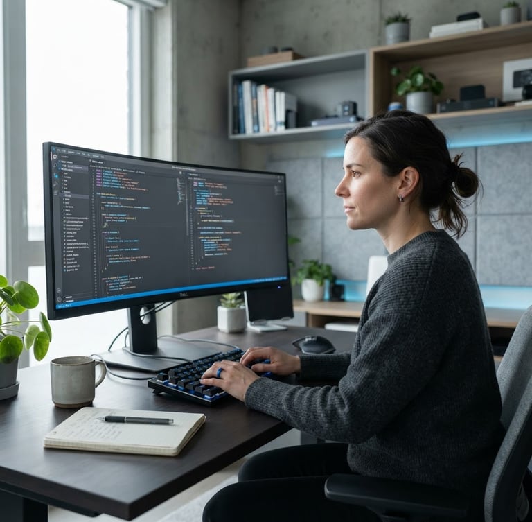 Environmental portrait of a female author in a modern, clean workspace, natural daylight, focused on a monitor displaying code, cool gray tones with subtle electric blue accents.