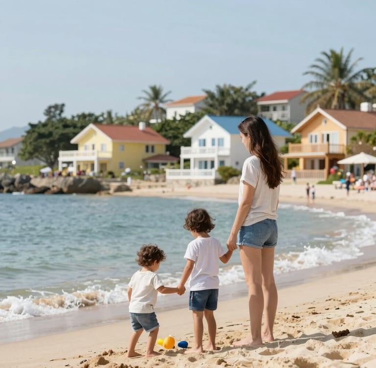 A single parent enjoying beach time with her kids after securing a customized health insurance plan