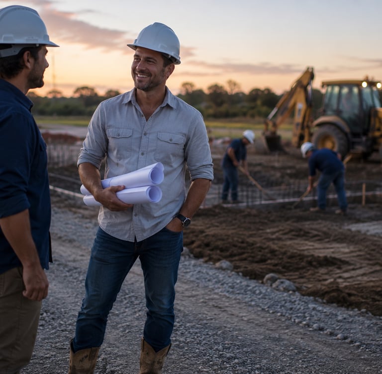 Business partners discussing insurance options on a jobsite