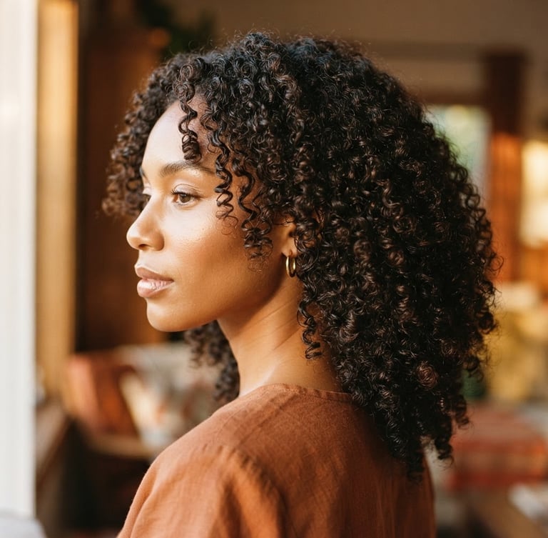 Close-up portrait of a Black woman with highly defined, healthy natural coils, soft golden-hour window light, rich saturated earth tones, shallow depth of field, 35mm, her face turned slightly away, showcasing the texture of her hair.
