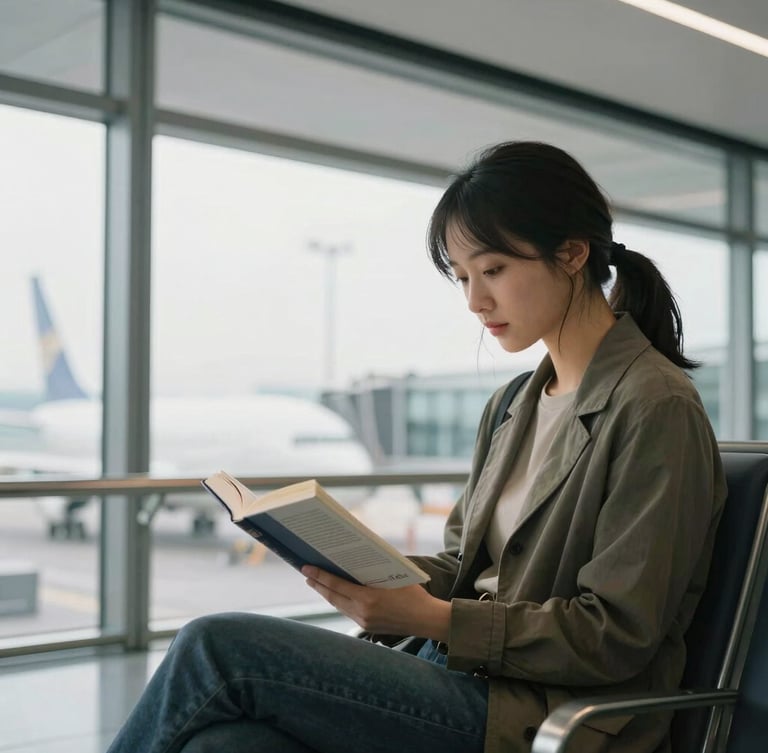 A peaceful traveler reading a book near a large window at an airport terminal, soft morning light, clean lines, shallow depth of field