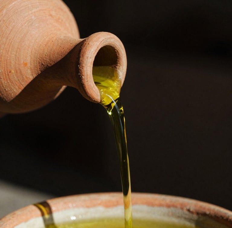 Extreme macro shot of thick, vibrant green olive oil pouring from a raw clay spout, high-contrast sunlight, deep shadows, 35mm film