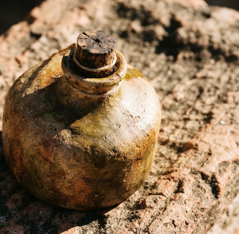Extreme close-up of a raw ceramic bottle of olive oil on a rough terracotta stone surface, harsh Mediterranean sunlight, deep shadows, 35mm film