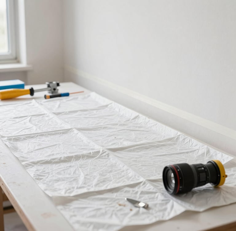 A professional painter's clean workspace showing neatly laid drop cloths, crisp taped lines on a wall, and organized tools under bright natural light