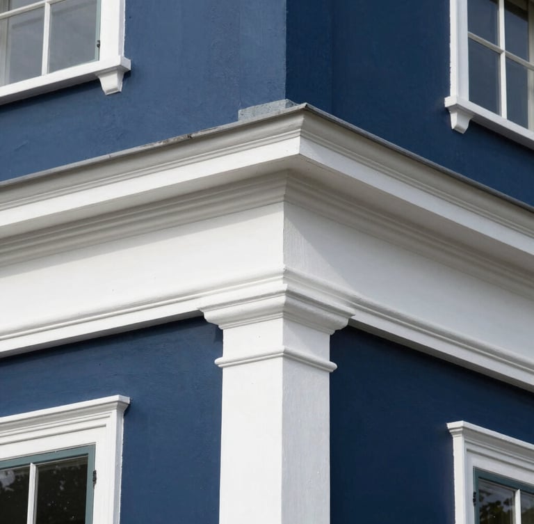 Close-up architectural detail shot of crisp white trim lines against deep navy exterior paint on a historic home, bright natural daylight, sharp focus.