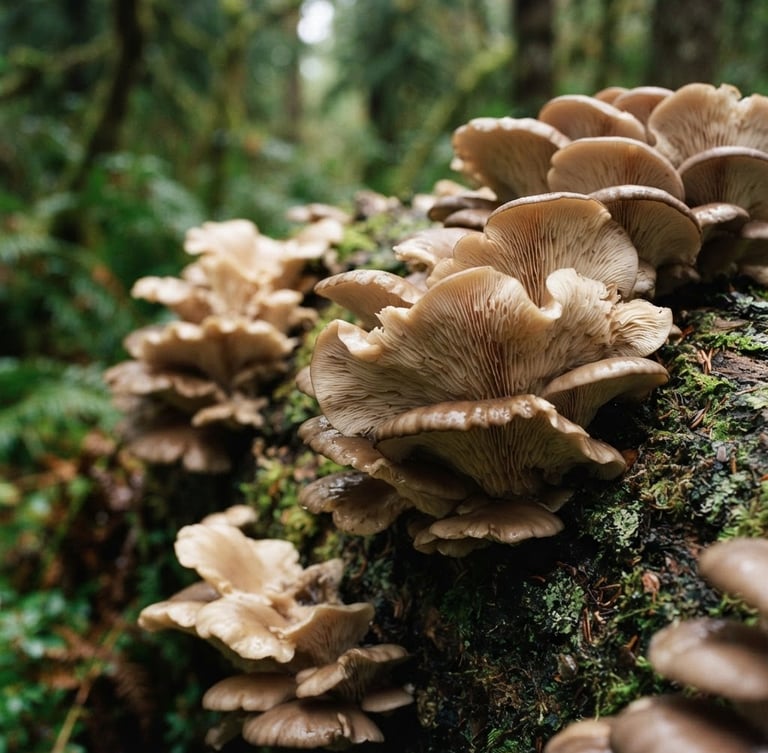 Close-up of pristine, velvety oyster mushroom clusters, soft diffused daylight, shallow depth of field, earthy brown and forest green tones, 35mm