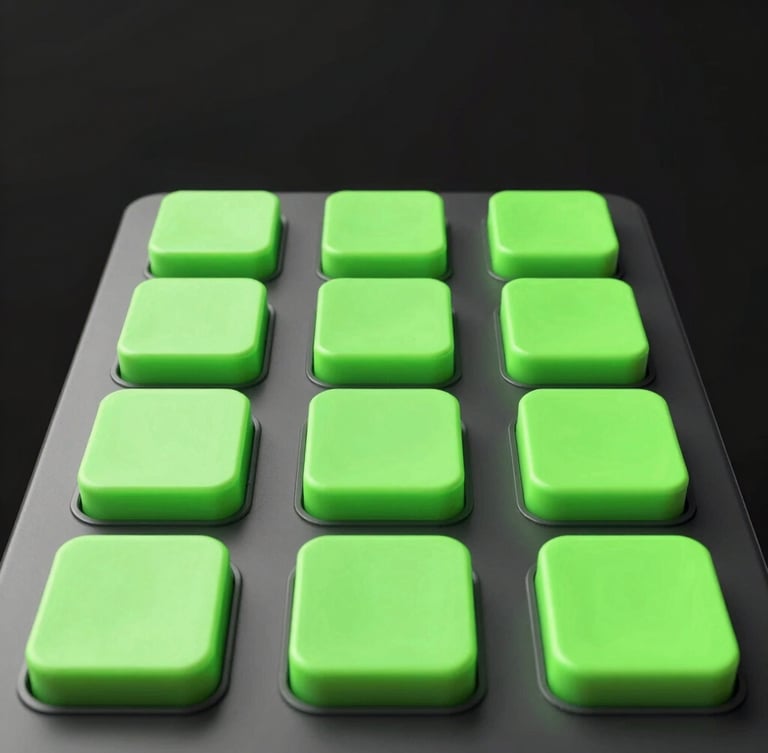 Sleek 3D render of a tactile system dashboard, neon green toggles, front-on macro view, dark background, high-contrast studio lighting